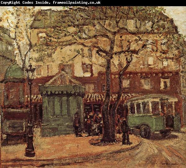 Grant Wood Greenish Bus in Street of Paris